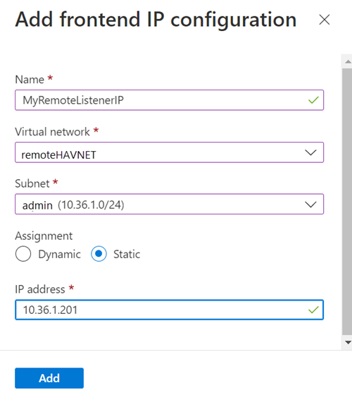 フロントエンド IP 構成を追加するためのダイアログを示す Azure portal のスクリーンショット。