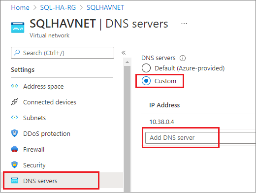 [設定] ペインで [DNS サーバー] を選択してから、[カスタム] を選択します。[IP アドレス] フィールドに、前に特定したプライベート IP アドレス (10.38.0.4 など) を入力します。