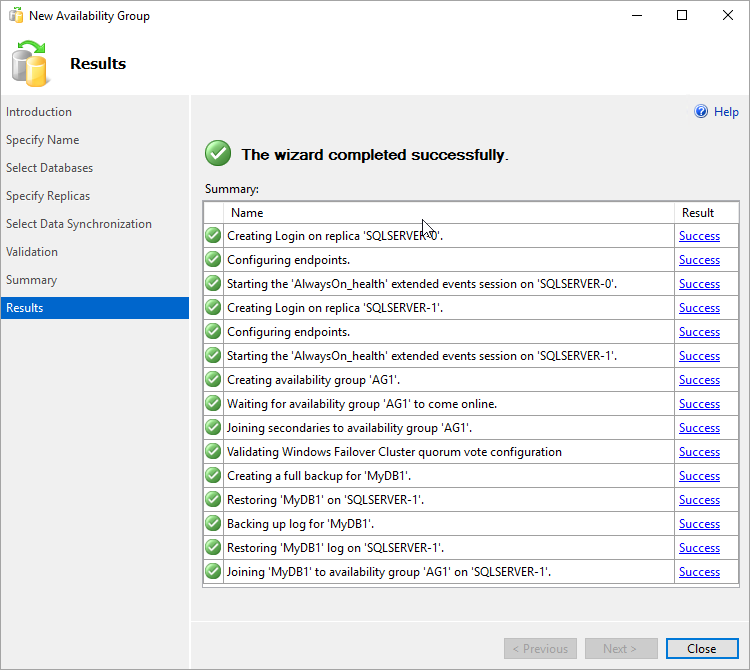 SSMS の新しい可用性グループ ウィザードが正常に完了したことを示すスクリーンショット。