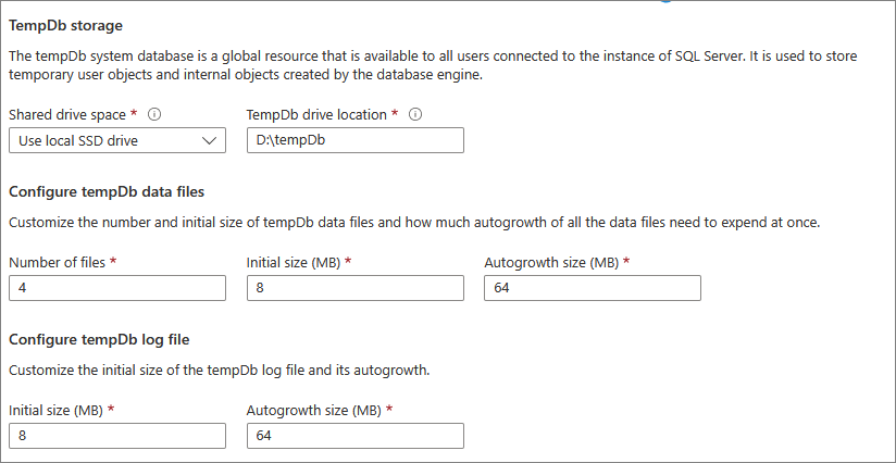 tempdb ストレージの構成設定を示す Azure portal のスクリーンショット。