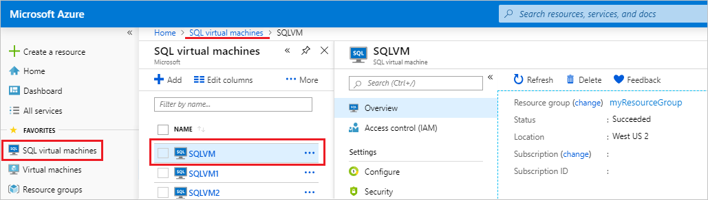 Azure portal での SQL 仮想マシン リソースへのアクセスのスクリーンショット。