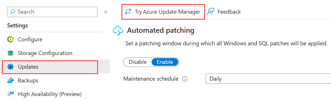 [Azure Update Manager を試す] が強調表示されている Azure Portal の SQL 仮想マシン リソースの更新ページのスクリーンショット。