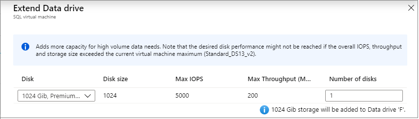 Azure portal で、既存の SQL Server VM のストレージを構成するために使用する、[データ ドライブの拡張] ページを示すスクリーンショット。