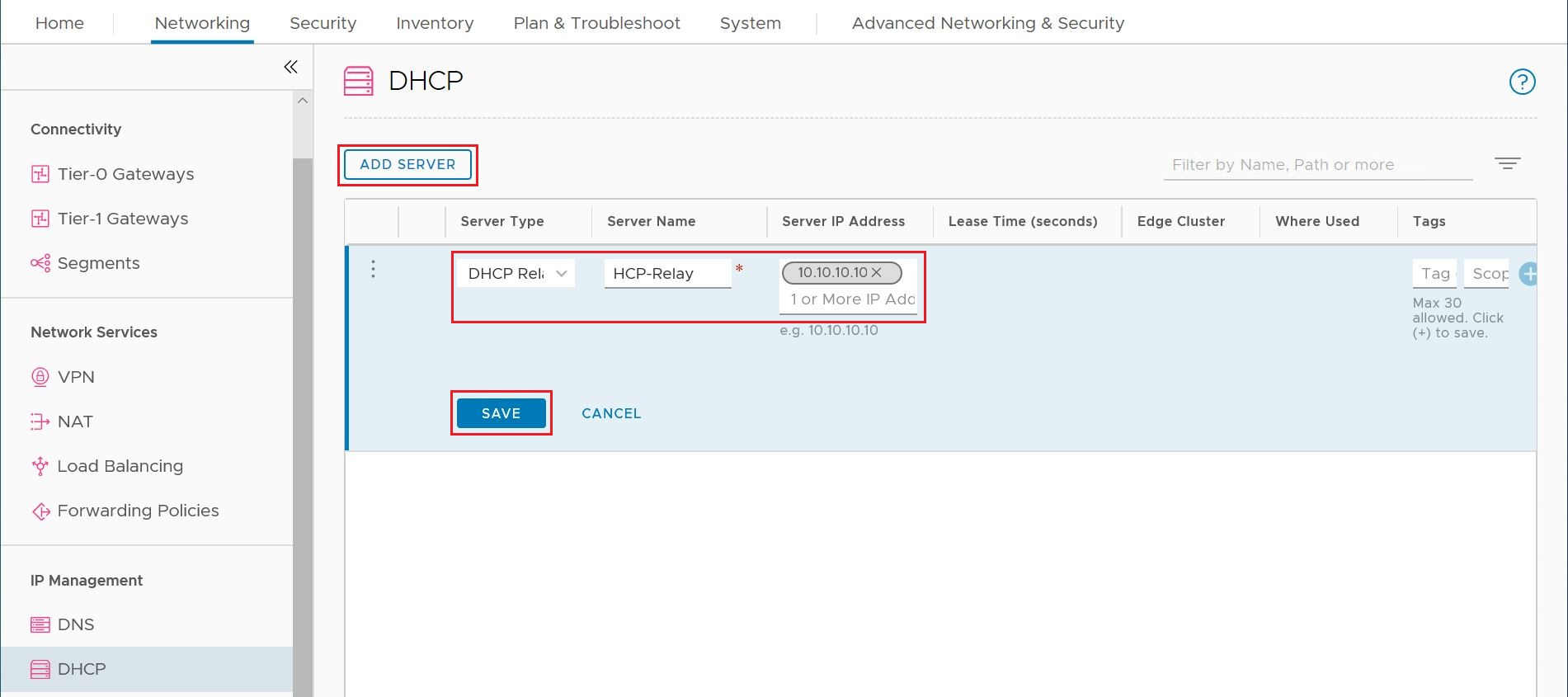 NSX Manager で DHCP リレー サービスを作成する方法を示すスクリーンショット。