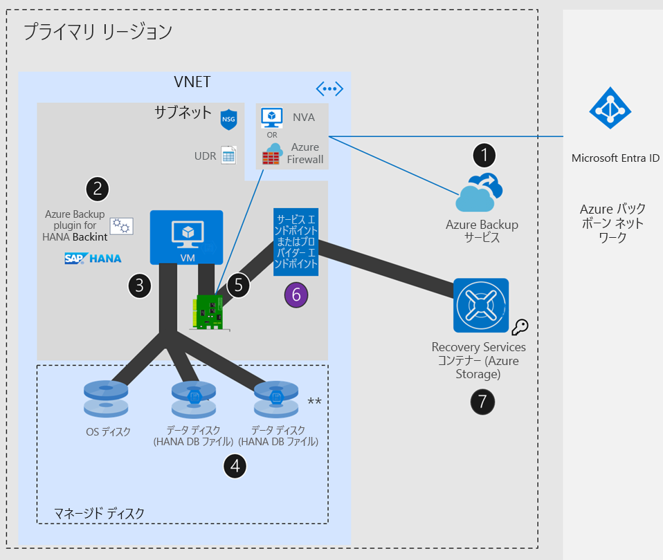 UDR + NVA または Azure Firewall + プライベート エンドポイントまたはサービス エンドポイントがある Azure ネットワークの場合の SAP HANA の設定を示す図。