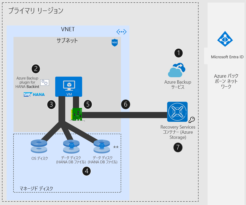 NVA または Azure Firewall を使用しない Azure ネットワークの場合の SAP HANA 設定を示す図。