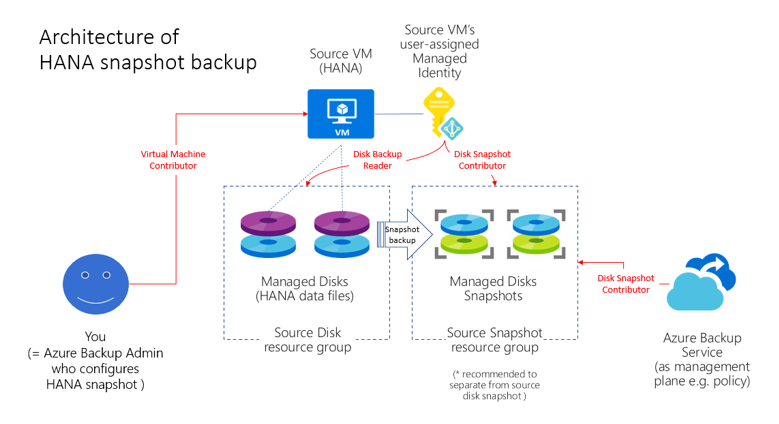 図は、SAP HANA データベース インスタンスのスナップショット バックアップ アーキテクチャを示しています。