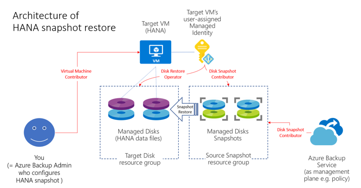 図は、SAP HANA データベース インスタンスのスナップショット復元アーキテクチャを示しています。