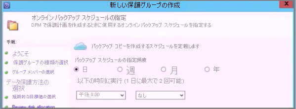 Screenshot shows how to specify the online backup schedule.