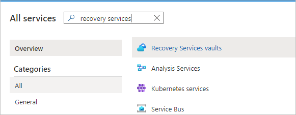 Recovery Services コンテナーの入力と選択を示すスクリーンショット。