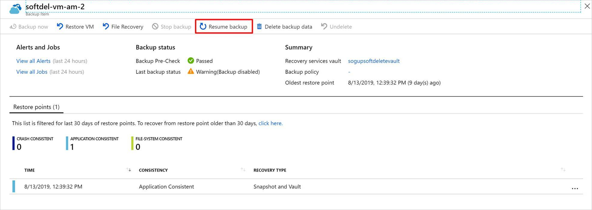 Azure portal の [バックアップの再開] オプションのスクリーンショット