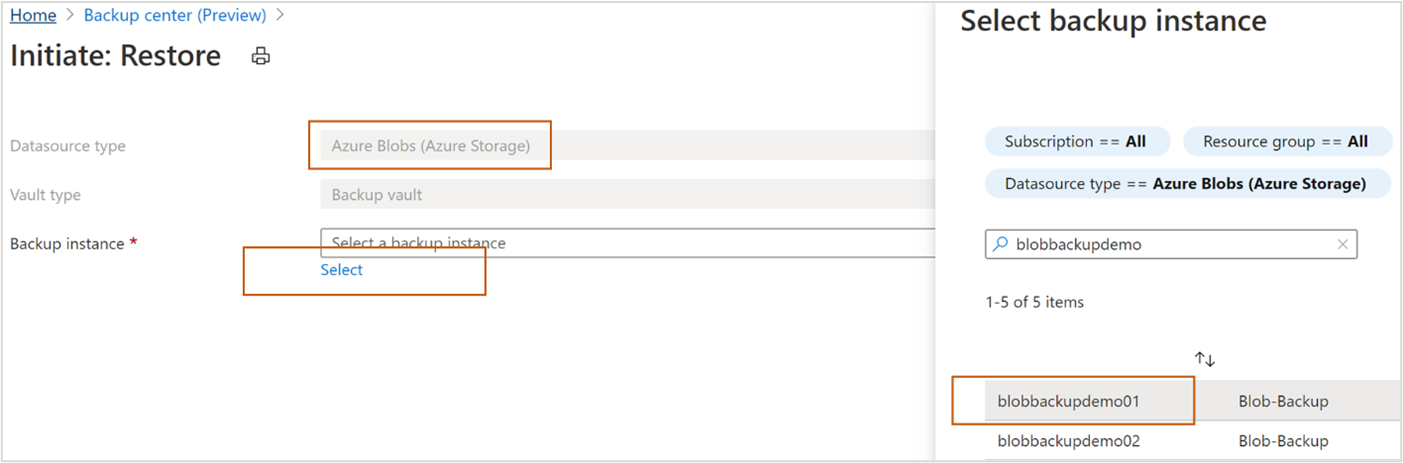 Select Backup Instance