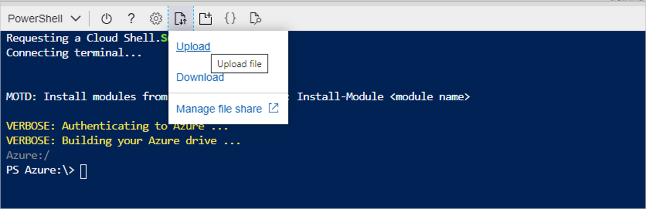 PowerShell ウィンドウで [ファイルのアップロード] を選択する