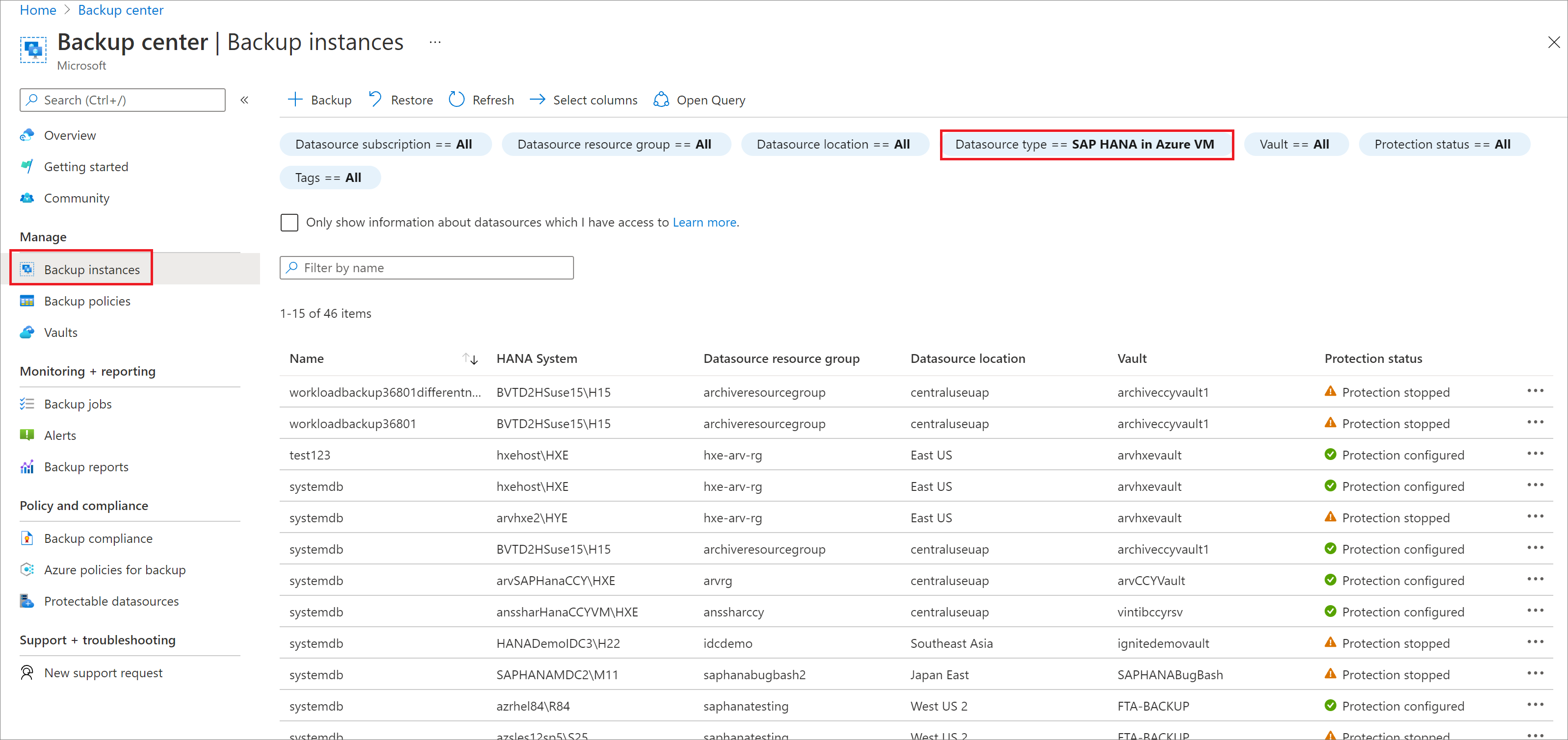 [Azure VM の SAP HANA] を選ぶ場所を示すスクリーンショット。