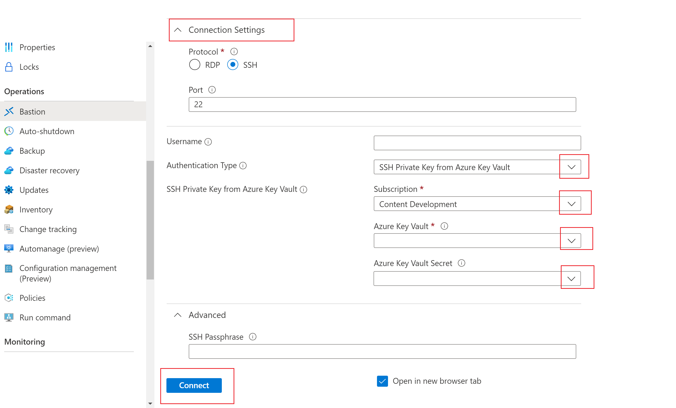 Azure Key Vault に格納された秘密キー認証を示すスクリーンショット。