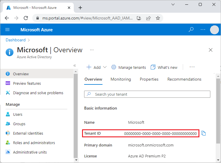 Azure portal でのテナント ID のスクリーンショット。