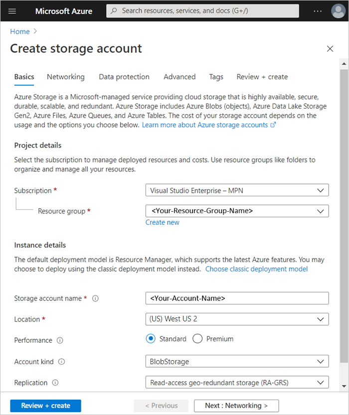 Azure Storage アカウントの作成のスクリーンショット。