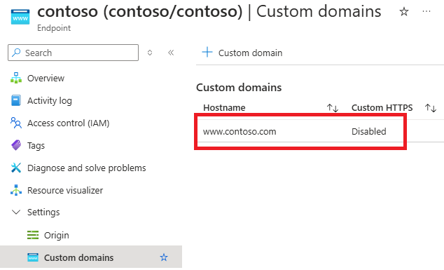 独自の証明書を使用するオプションを含むカスタム ドメイン ページのスクリーンショット。