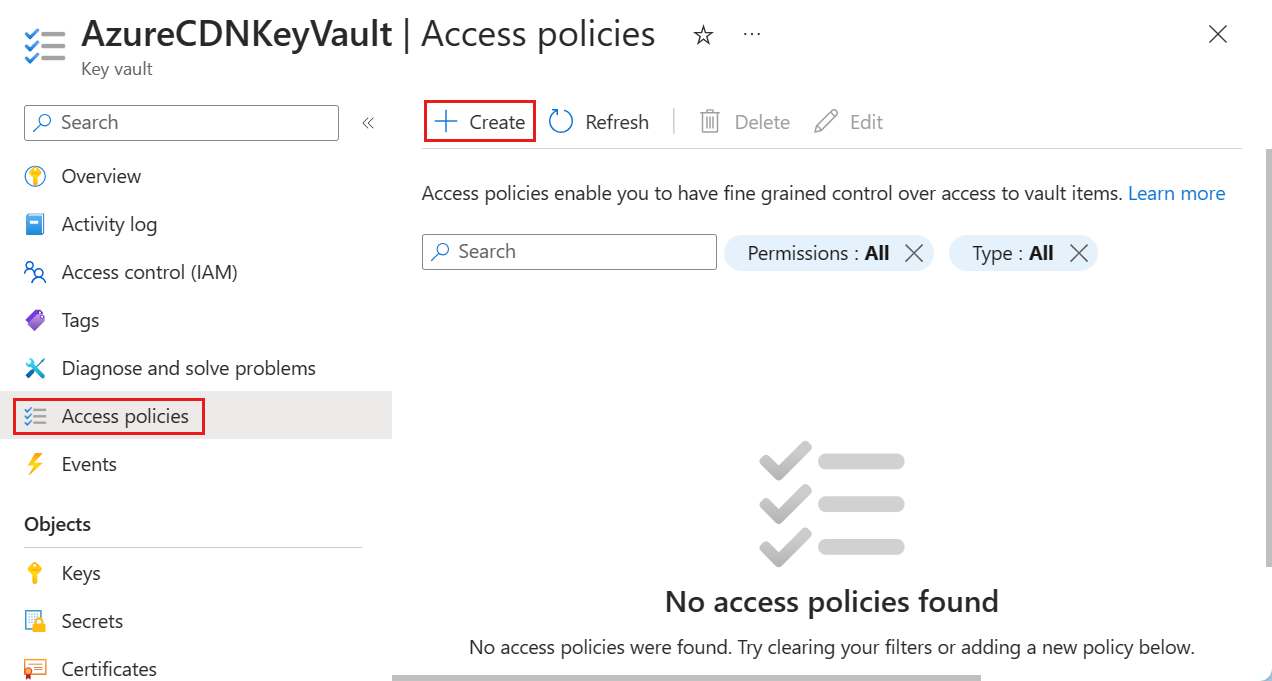 Key Vault のアクセス ポリシー ページのスクリーンショット。
