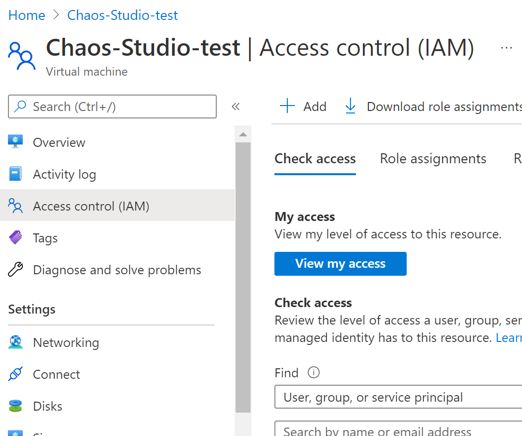 左側のウィンドウの [アクセス制御 (IAM)] を示すスクリーンショット。