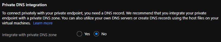 Azure portal で [プライベート DNS ゾーンと統合する] オプションが [いいえ] に設定されていることを示すスクリーンショット。