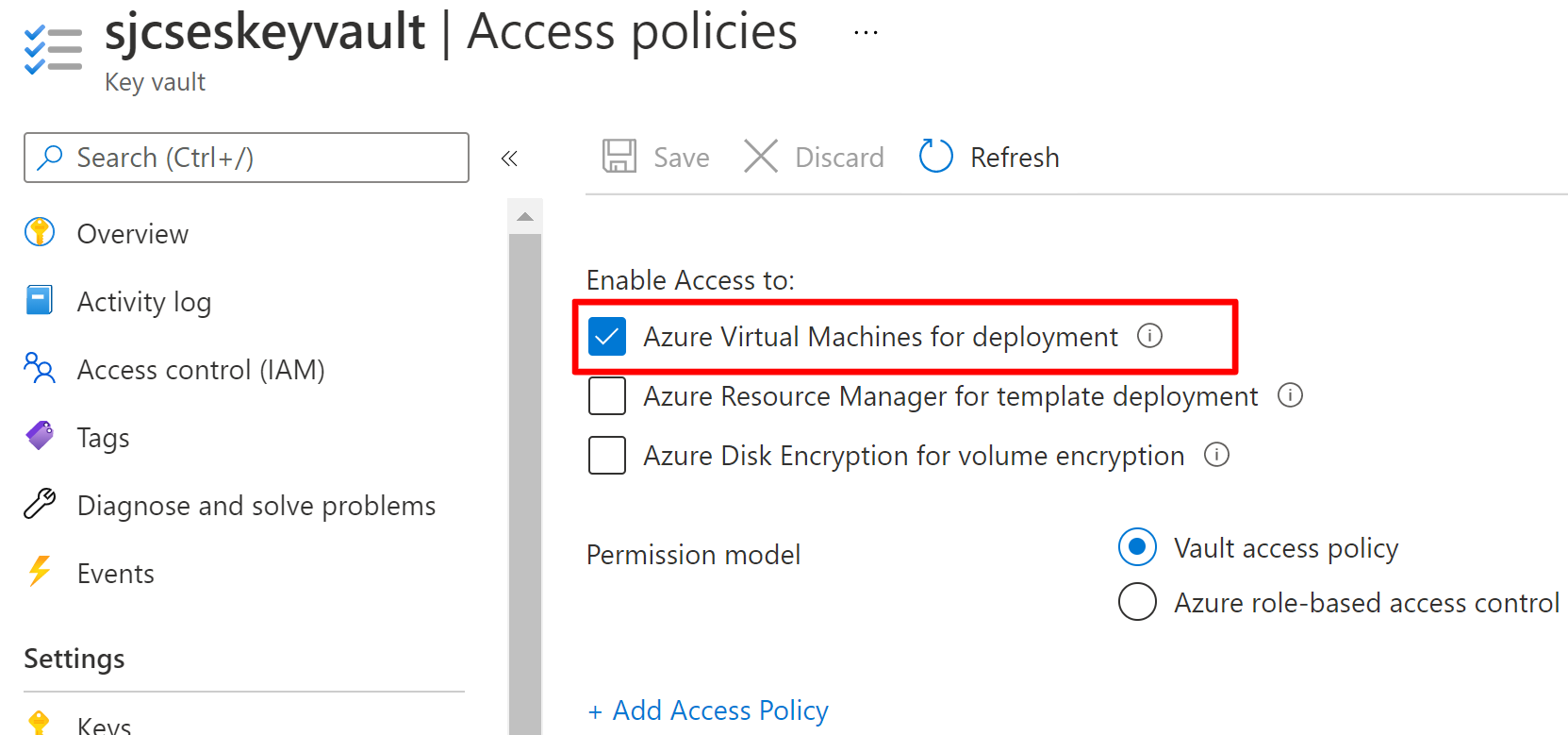 Azure portal のアクセス ポリシー ウィンドウを示す画像。