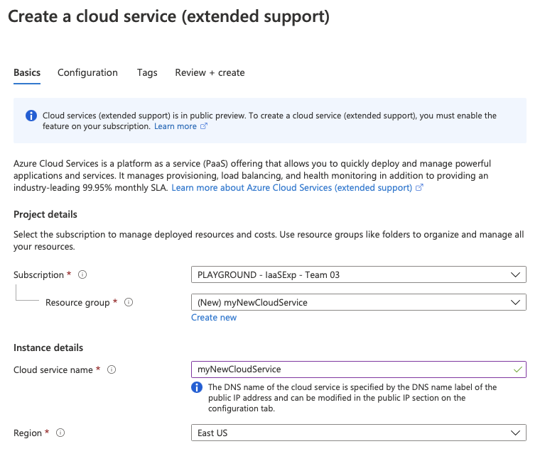 Cloud Services (延長サポート) の [基本] タブの画像。