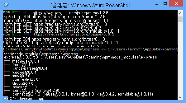 Windows PowerShell での npm install express コマンドの出力の表示