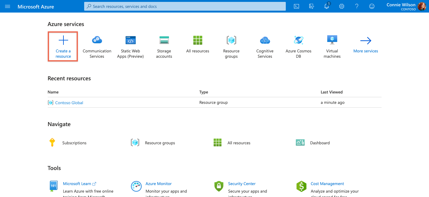 Azure portal の [リソースの作成] ボタンが強調表示されているスクリーンショット。