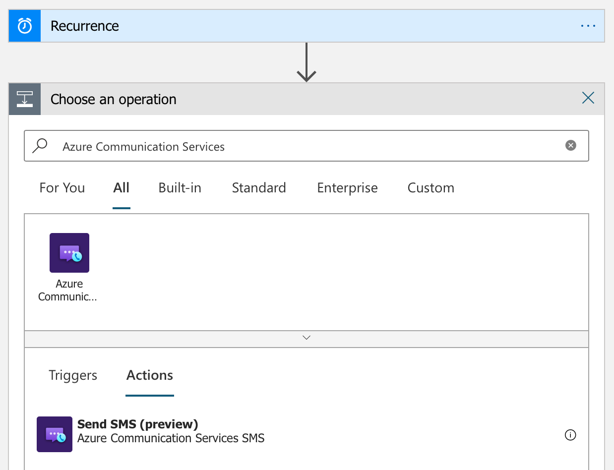 ロジック アプリ デザイナーと Azure Communication Services コネクタが示されているスクリーンショット。携帯ショートメール (SMS) 送信アクションが選択されている。