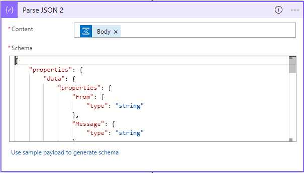 JSON コネクタの解析のスクリーンショット。