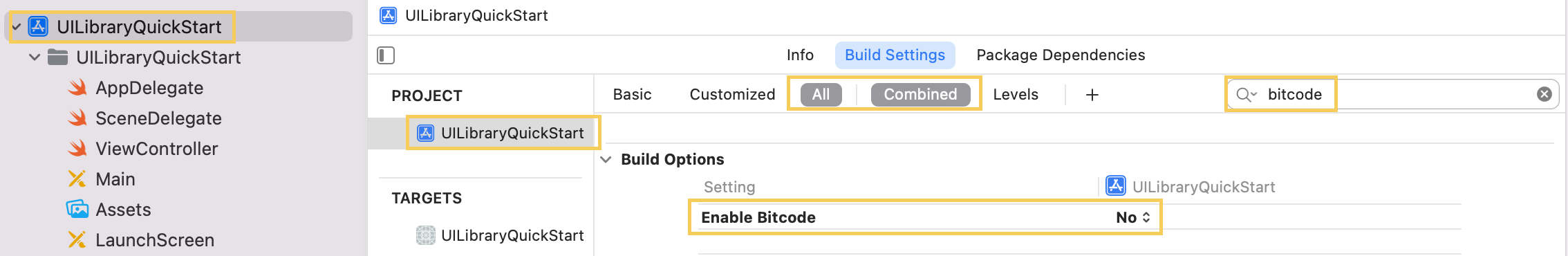 Bitcode をオフにする [ビルド設定] オプションを示すスクリーンショット。