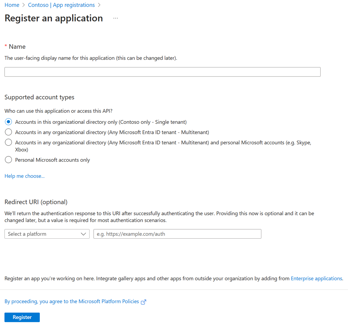 [アプリケーションの登録] ペインを示す、Web ブラウザー内の Azure portal のスクリーンショット。