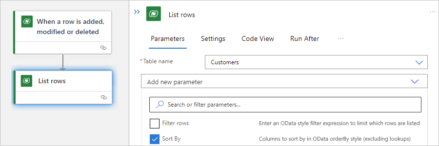 Screenshot shows Standard workflow, a Dataverse action, and Sort By property.