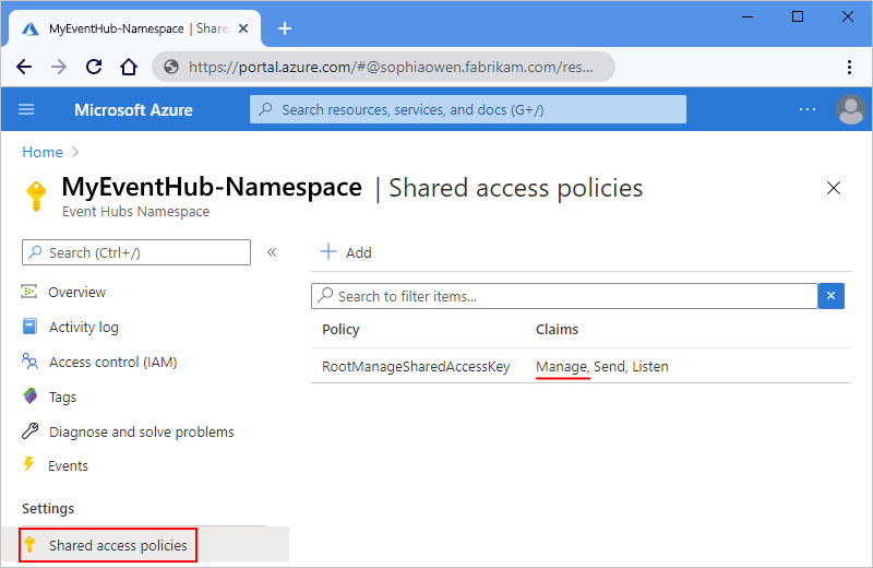 Azure portal、Event Hubs 名前空間、[要求] 列に表示される [管理] アクセス許可を示すスクリーンショット。