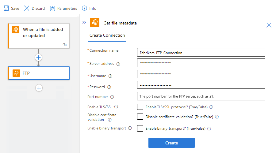 Standard ワークフロー デザイナー、FTP 組み込みアクション、接続プロファイルを示すスクリーンショット。