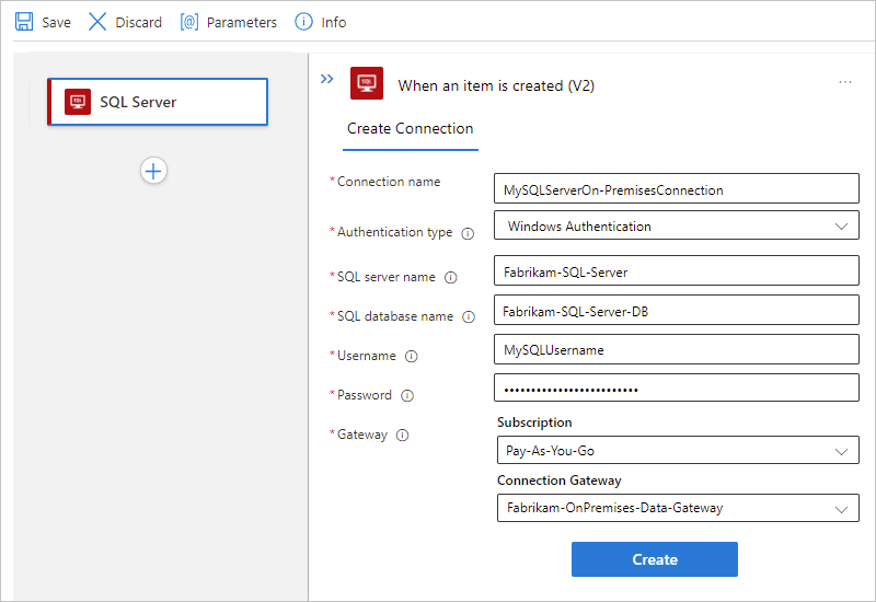 選択済みの認証が表示されている Azure portal、標準ワークフロー、SQL Server オンプレミス接続情報を示すスクリーンショット。