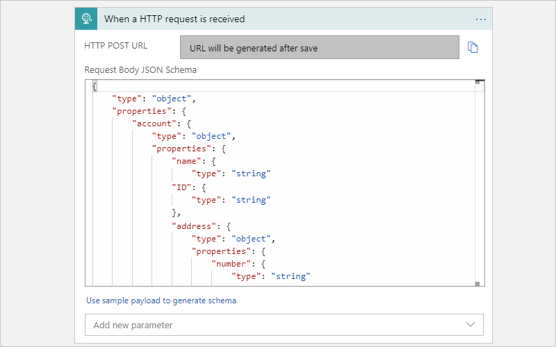 従量課金プランのワークフローと Request トリガーを JSON スキーマの例で示したスクリーンショット。