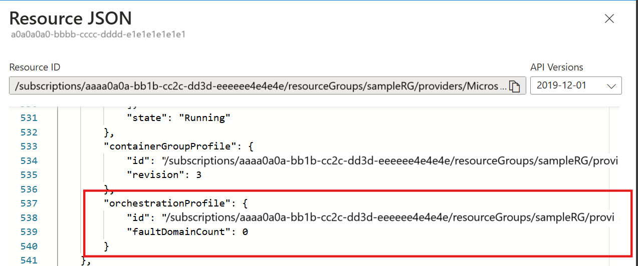 OrchestratorId プロパティを表示する NGroups CG ARM JSON のスクリーンショット。