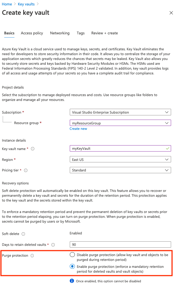 Azure portal でキー コンテナーを作成するためのオプションのスクリーンショット。