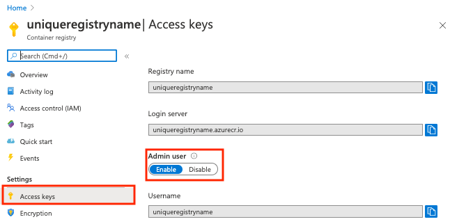 Azure portal で管理者アカウントを有効にする