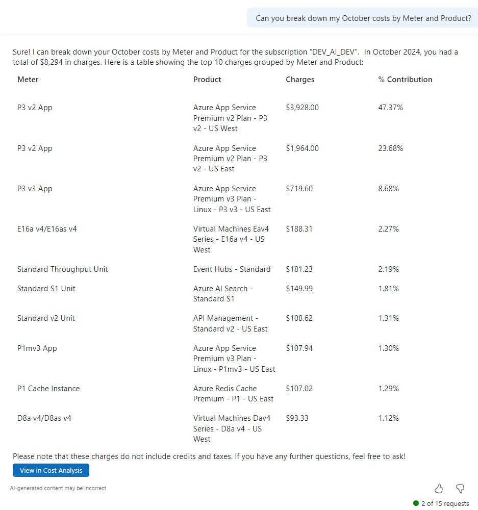 [Meter] と [Product] 別にグループ化された料金に関する詳細を示す Microsoft Copilot in Azure を示すスクリーンショット。