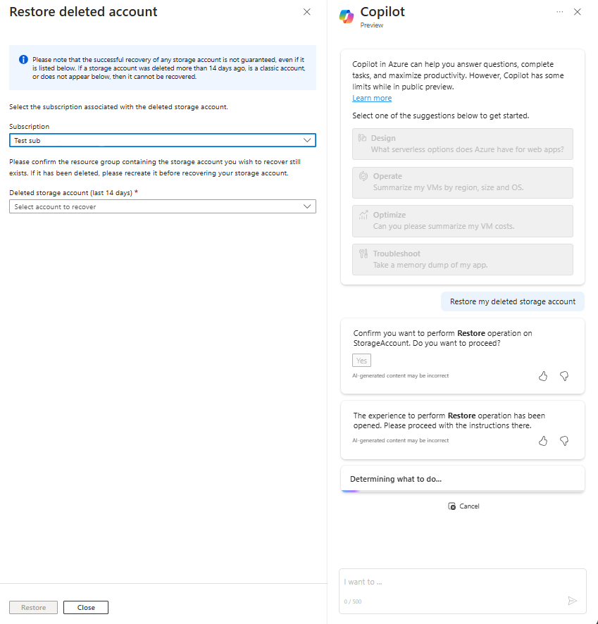 削除されたストレージ アカウントの復元要求に応答する Microsoft Copilot in Azure のスクリーンショット。