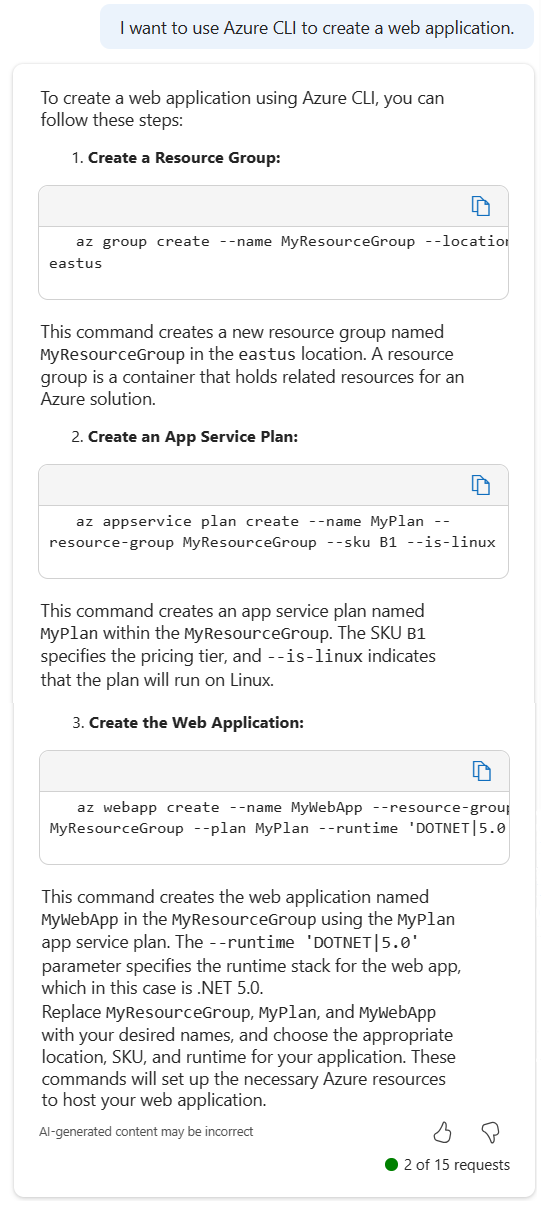 Web アプリを作成するための Azure CLI コマンドを提供する Microsoft Copilot in Azure のスクリーンショット。