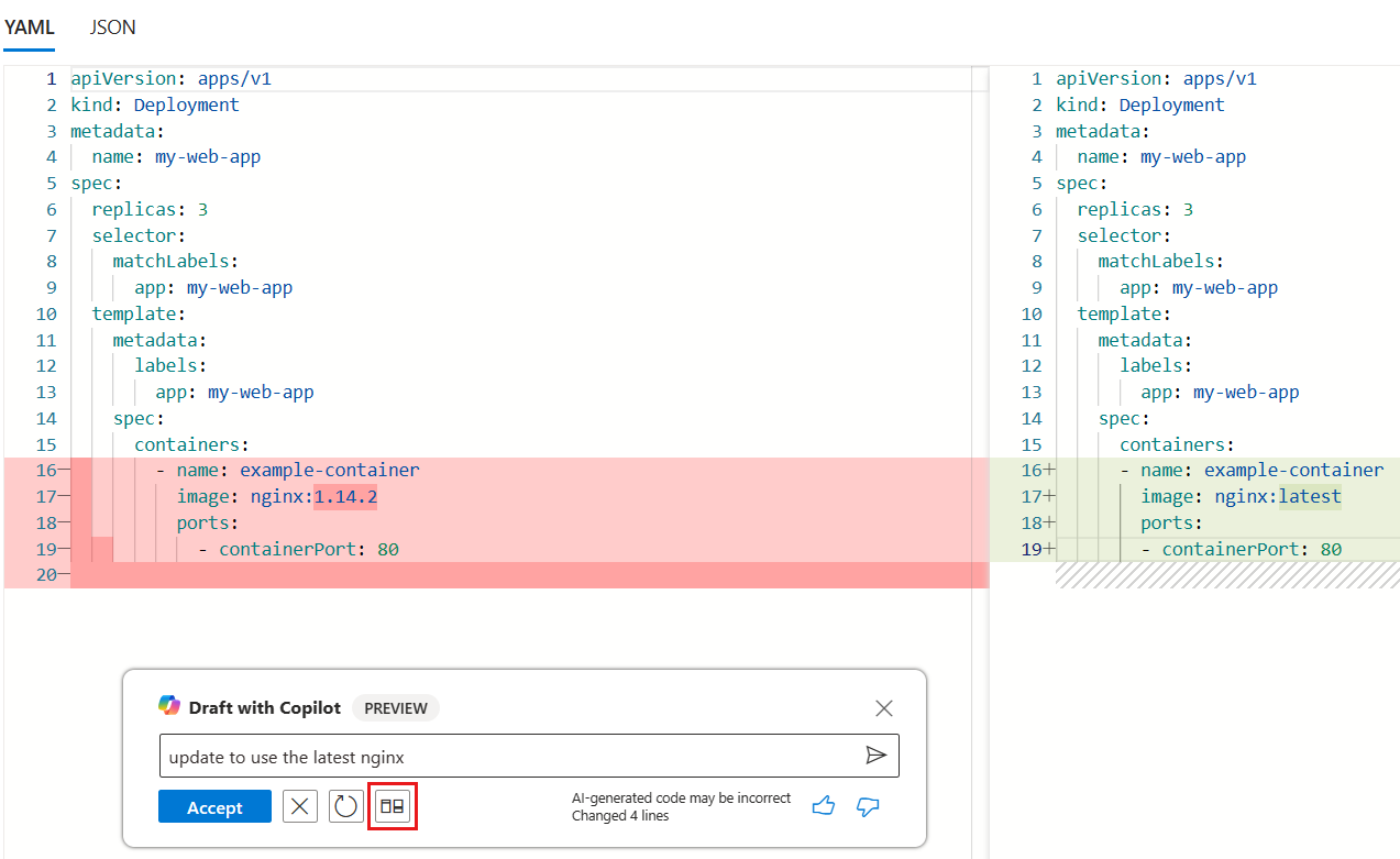 AKS YAML エディターのサイド バイ サイドの差分ビューを示すスクリーンショット。トグル ボタンが強調表示されています。