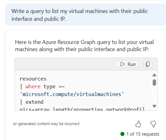 VM を一覧表示する要求に応答する Microsoft Copilot in Azure のスクリーンショット。