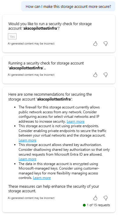 ストレージ アカウントのセキュリティに関するベスト プラクティスの推奨事項を提供する Microsoft Copilot in Azure を示すスクリーンショット。