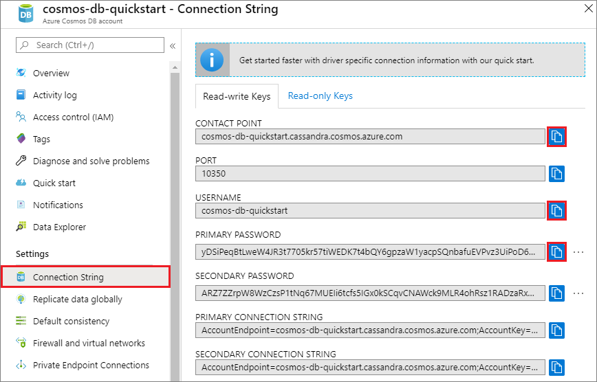 Azure portal の [接続文字列] ページからユーザー名を表示してコピー