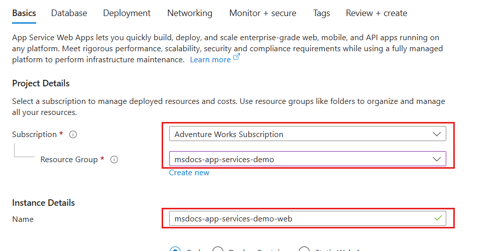 Web アプリ リソース作成の [基本] ウィンドウのスクリーンショット。