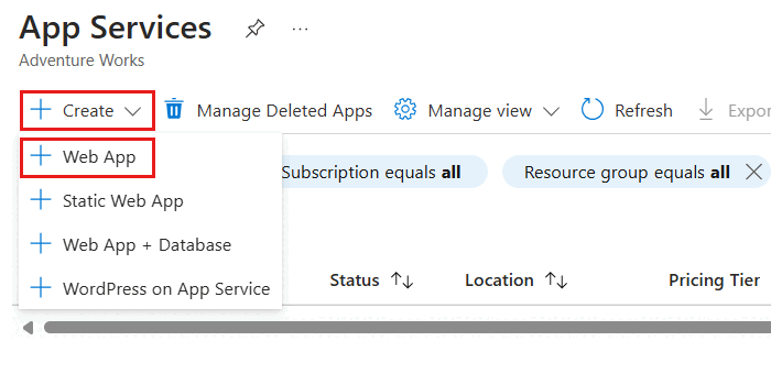 Azure App Service のウィンドウ内の [作成] オプションを示すスクリーンショット。